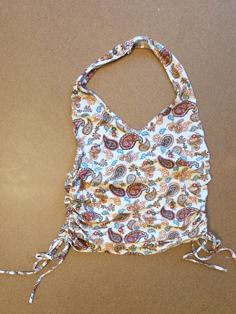 Zenobia Cream Tank Top with Black Label and Subtle Multicolor Paisley